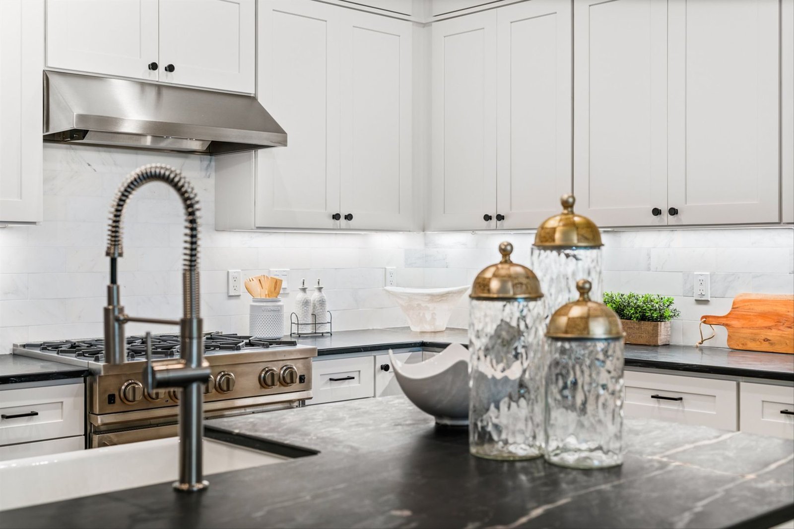 Kitchen with black soapstone counters